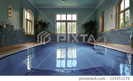 A pristine indoor pool gleams under sunlight streaming through windows A pristine indoor pool gleams under sunlight streaming through windows 124351276