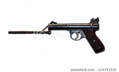 This display features a retro air pistol with an open bolt mechanism, highlighting its vintage aesthetic and unique construction. The iconic design captures the interest of collectors and enthusiasts. This display features a retro air pistol with an open bolt mechanism, highlighting its vintage aesthetic and unique construction. The iconic design captures the interest of collectors and enthusiasts. 124351330