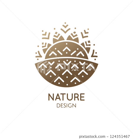 Vector logo of nature - trees, sun, river. Linear icon of landscape. Business emblem, badge for a travel, farming and ecology, health and yoga Vector logo of nature - trees, sun, river. Linear icon of landscape. Business emblem, badge for a travel, farming and ecology, health and yoga 124351467