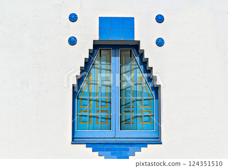 Beautiful window of the blue mansion in the quirky coastal town of Cadaques, Girona, Spain 124351510