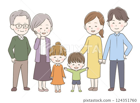 A cute, full-body three-generation family with big smiles on their faces A cute, full-body three-generation family with big smiles on their faces 124351760