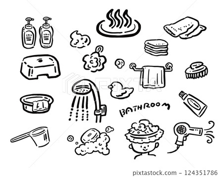 Hand-drawn illustrations of bath products: Line drawing set 124351786