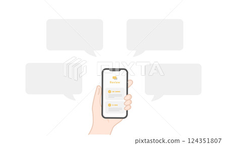 在智慧型手機上檢查口碑和評論的向量插圖（線圖、平面） 124351807