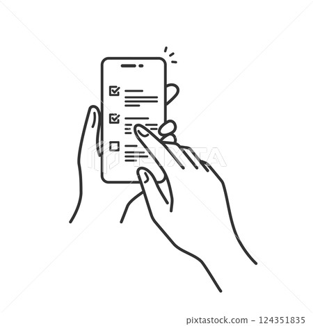 在手持智慧型手機上點選清單的向量圖示（線條畫，黑白） 124351835
