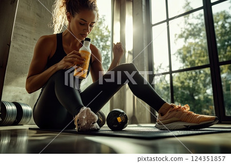 A woman is sitting on the gym floor with a bottle of water beside her 124351857
