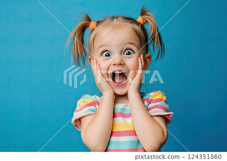A little girl is making a very surprised face with her mouth open wide 124351860