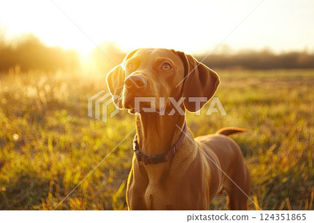 A brown dog stands proudly in a lush field of tall green grass A brown dog stands proudly in a lush field of tall green grass 124351865