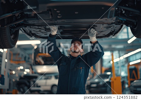 A mechanic is working on the underside of a car in a garage 124351882