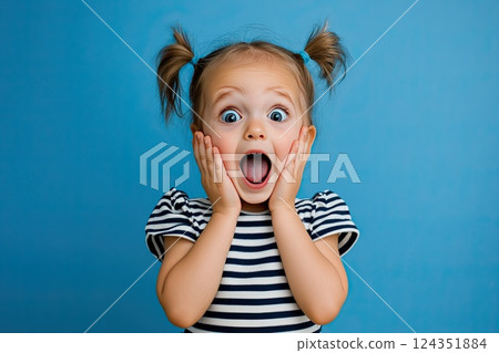 A little girl is making a very surprised face with her mouth open wide 124351884