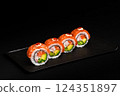 Delicious Fresh Salmon Sushi Rolls Presenting Exquisitely on a Black Background 124351897