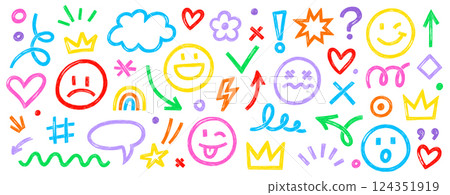 Smile brush hand drawn vector element set. Emoji fun face, heart, crown symbol crayon texture marker background kid sketch style hand drawn element. Color smiley face, arrow. Vector 124351919