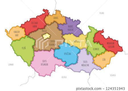 Vector illustrated map of Czechia or Czech Republic with regions and administrative divisions, and neighbouring countries and territories. Editable and clearly labeled layers. Vector illustrated map of Czechia or Czech Republic with regions and administrative divisions, and neighbouring countries and territories. Editable and clearly labeled layers. 124351943