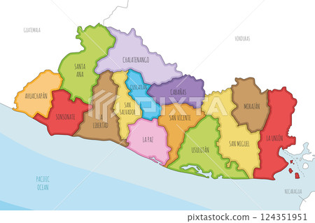 Vector illustrated regional map of El Salvador with departments and administrative divisions, and neighbouring countries and territories. Editable and clearly labeled layers. Vector illustrated regional map of El Salvador with departments and administrative divisions, and neighbouring countries and territories. Editable and clearly labeled layers. 124351951