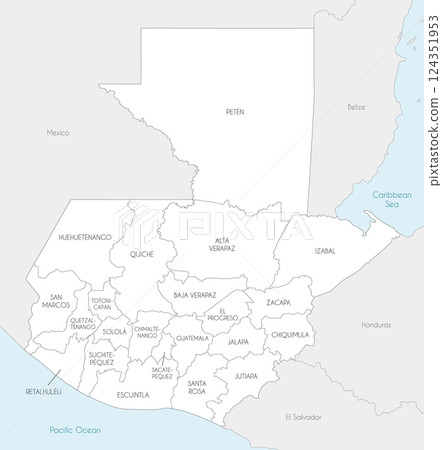 Vector regional map of Guatemala with departments and administrative divisions, and neighbouring countries and territories. Editable and clearly labeled layers. 124351953