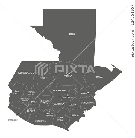 Vector regional map of Guatemala with departments or territories and administrative divisions. Editable and clearly labeled layers. Vector regional map of Guatemala with departments or territories and administrative divisions. Editable and clearly labeled layers. 124351957