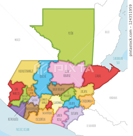 Vector illustrated regional map of Guatemala with departments and administrative divisions, and neighbouring countries and territories. Editable and clearly labeled layers. 124351959