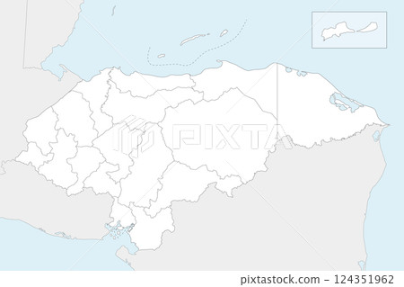 Vector regional blank map of Honduras with departments and administrative divisions, and neighbouring countries and territories. Editable and clearly labeled layers. 124351962