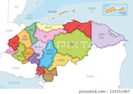 Vector illustrated regional map of Honduras with departments and administrative divisions, and neighbouring countries and territories. Editable and clearly labeled layers. 124351967