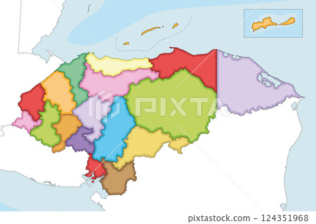 Vector illustrated regional blank map of Honduras with departments and administrative divisions, and neighbouring countries and territories. Editable and clearly labeled layers. 124351968