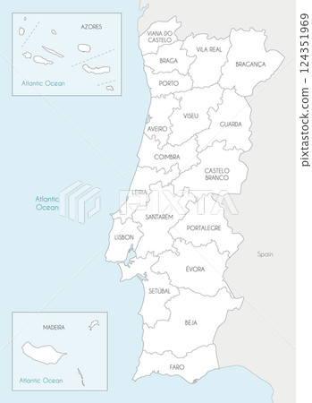 Vector regional map of Portugal with districts, autonomous regions and administrative divisions, and neighbouring countries and territories. Editable and clearly labeled layers. 124351969