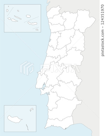 Vector regional blank map of Portugal with districts, autonomous regions and administrative divisions, and neighbouring countries and territories. Editable and clearly labeled layers. 124351970