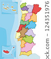 Vector illustrated regional blank map of Portugal with districts, autonomous regions and administrative divisions, and neighbouring countries and territories. Editable and clearly labeled layers. 124351976
