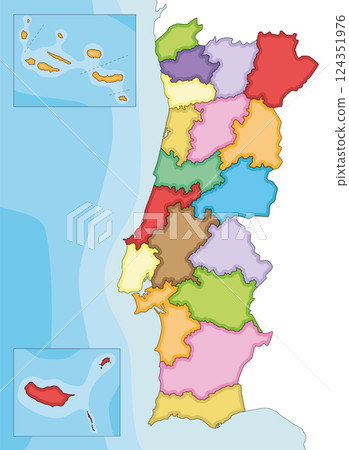 Vector illustrated regional blank map of Portugal with districts, autonomous regions and administrative divisions, and neighbouring countries and territories. Editable and clearly labeled layers. 124351976