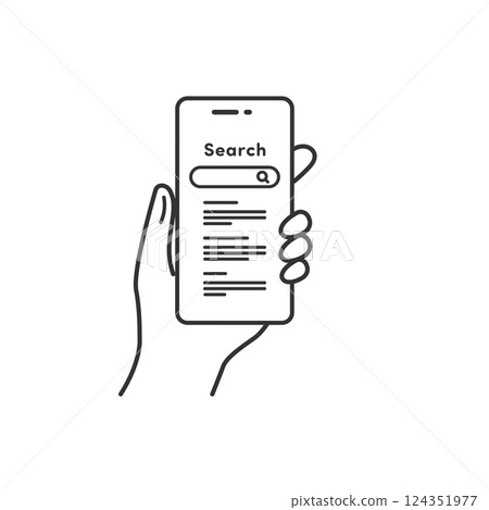 在智慧型手機上搜尋的向量插圖（線圖、黑白） 124351977