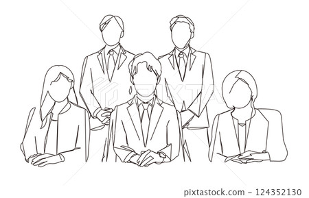 Line drawing illustration of a group of employees working in the office Line drawing illustration of a group of employees working in the office 124352130