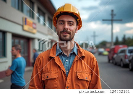Construction Worker in Orange Jacket and Helmet Smiles in an Urban Setting During Cloudy Afternoon 124352161