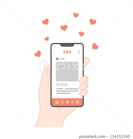智慧型手機的向量圖標，在 SNS 帖子上不斷獲得點讚（Buzz） 124352395