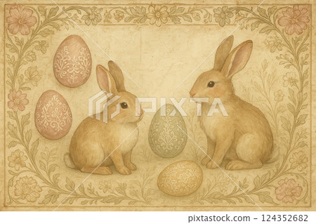 Vintage Easter illustration with watercolor bunnies, floral border and lace-patterned eggs. AI generated 124352682