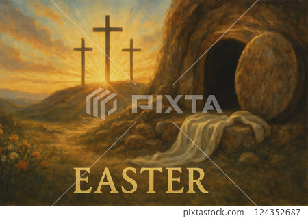 Empty tomb and three crosses at sunrise, symbol of Easter resurrection. AI generated Empty tomb and three crosses at sunrise, symbol of Easter resurrection. AI generated 124352687