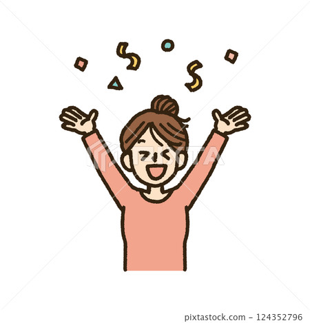 一位女士高興地舉起雙手的插圖，上身，手寫，五彩紙屑 124352796