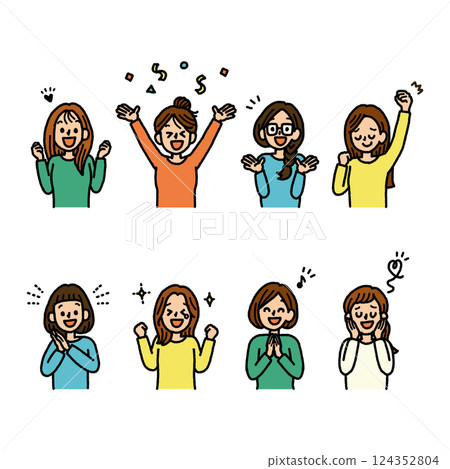一組手繪插圖，描繪了女性表達各種喜悅的情緒 124352804