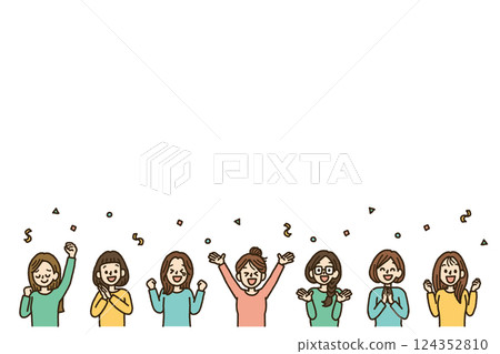 Illustration of women celebrating happily, white background, handwritten, confetti Illustration of women celebrating happily, white background, handwritten, confetti 124352810