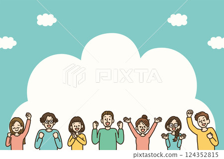 Happy people, multiple illustrations, background, blue sky, handwritten Happy people, multiple illustrations, background, blue sky, handwritten 124352815