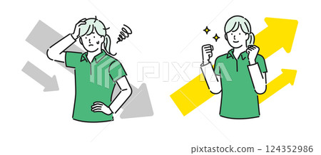 Illustration material [Nursing care image]: A young female caregiver with a worried expression and a lively expression 124352986