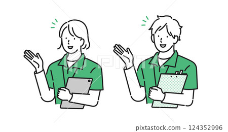 Illustration material [Nursing care image]: Young male and female nursing staff explaining to patients and their families 124352996