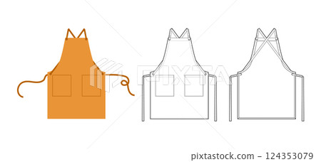 Set of Aprons Cross-Back straps technical fashion illustration. Chef uniform for cooking ochre cartoon and Flat sketch Set of Aprons Cross-Back straps technical fashion illustration. Chef uniform for cooking ochre cartoon and Flat sketch 124353079
