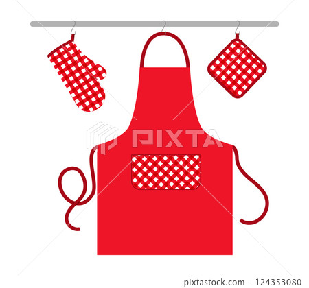 Oven Gloves mitt, apron and potholder hanging on rack kitchen red cartoon flat accessory clothing technical illustration Oven Gloves mitt, apron and potholder hanging on rack kitchen red cartoon flat accessory clothing technical illustration 124353080