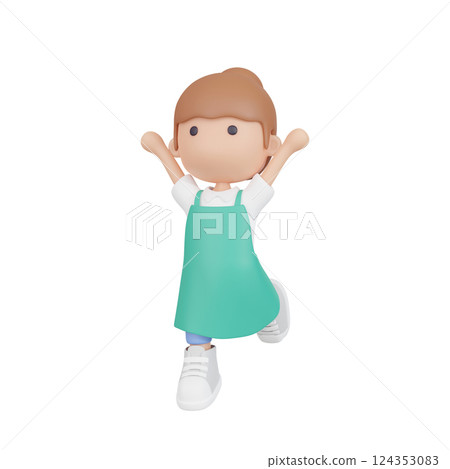 3DCG | A young Japanese woman in an apron doing a banzai 3DCG | A young Japanese woman in an apron doing a banzai 124353083
