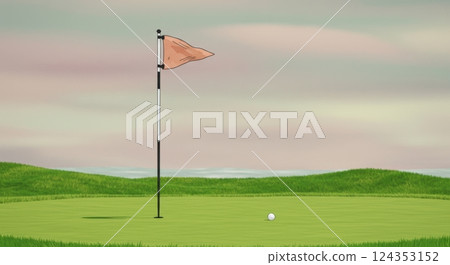 Serene golf course with flag and ball on green at sunset 124353152