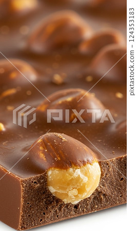 Close-up of chocolate bar with whole hazelnuts for a delicious dessert concept 124353183