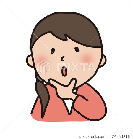 A woman puts her hand to her chin in understanding. A woman puts her hand to her chin in understanding. 124353216