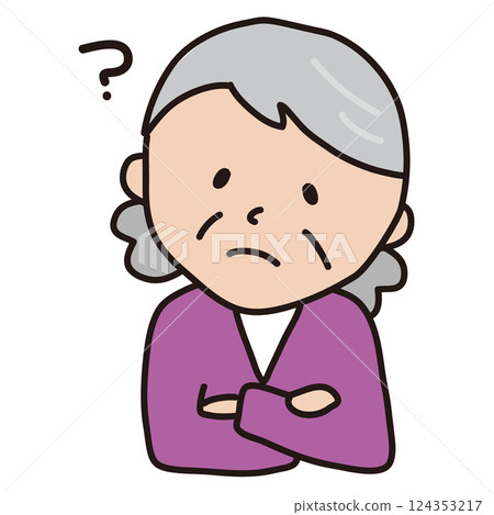 An old woman with her arms folded and tilting her head An old woman with her arms folded and tilting her head 124353217