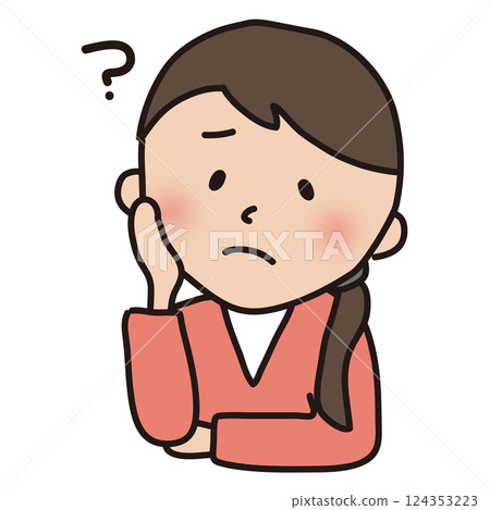 A woman with a troubled face thinking with her hand on her cheek A woman with a troubled face thinking with her hand on her cheek 124353223