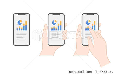 智慧型手機上顯示的圖表和分析資料的向量圖示集（線圖、平面） 124353259