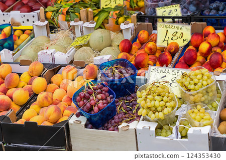 Organic fresh fruits on market stall 124353430