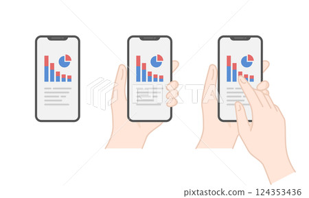 Vector icon set of downward graph and analysis data displayed on a smartphone (line drawing, flat) 124353436